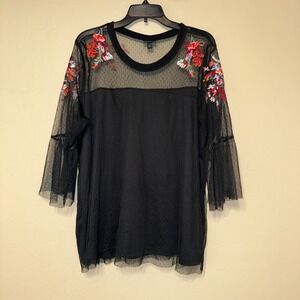 Torrid Floral Embroidered Mesh Top Plus Size Blouse Black Plus Size 2 3/4 Sleeve